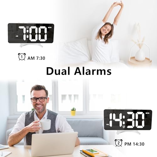 Digital Alarm Clock for Bedroom, Mirror LED Display Bedside Clock with Adjustable Brightness, Dual Alarm & Snooze for Heavy Sleepers, USB Powered Desk Clock for Nightstand, Home & Dorm