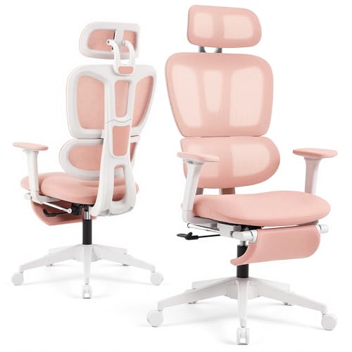 Ergonomic Office Chair with Footrest and Dynamic Lumbar Support, Pink | Reclining high-back computer chair, memory foam seat, 2D armrests, 2D headrest, mesh desk chair for home office, long hours - color: Pink