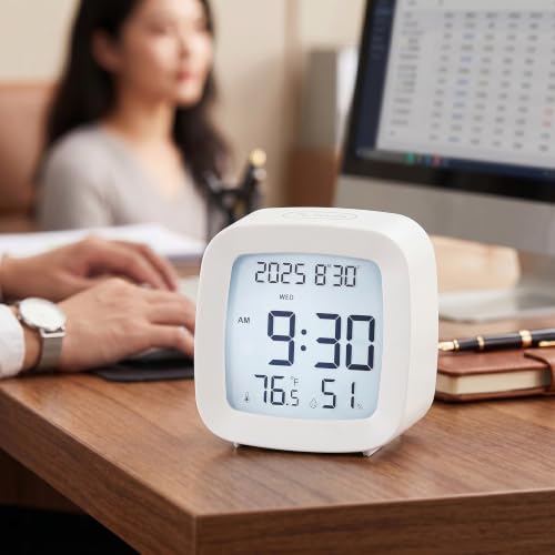 Digital Alarm Clock with Backlight, Snooze, Temp & Humidity Display,White | Time, Date & Weekday Temperature & Humidity Touch Backlight 5-Minute Snooze,Battery Operation Long Battery Life