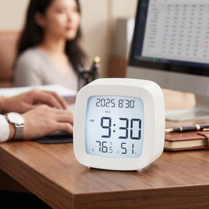 Digital Alarm Clock with Backlight, Snooze, Temp & Humidity Display,White | Time, Date & Weekday Temperature & Humidity Touch Backlight 5-Minute Snooze,Battery Operation Long Battery Life