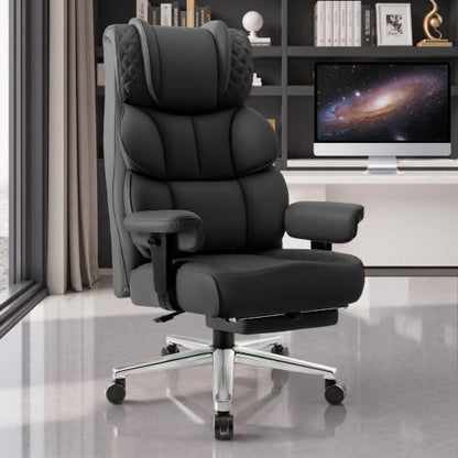 Office Desk Chair, Big and Tall Leather Gaming Chair with Footrest, Wide Ergonomic Comfy Executive High-Back Reclining Computer Chairs, Swivel Rolling Wheels and Padded Lumbar Support, Black Updated - color: Black 2.0, style: 3 Position Reclining