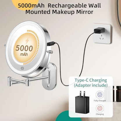 FUNTOUCH 5000mAh Rechargeable Wall Mounted Makeup Mirror with Light Charger | Double Sided 1X/30X Magnification,3 Color Lights,Touch Dimmable,Extended Arm 360 Rotation Lighted Bathroom Mirror - color: Polished Chrome