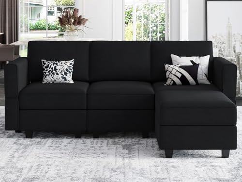 Belffin Modern L Shaped Velvet Sectional Sofa with Chaise, Black, Storage, Adjustable Arm/Backrest - color: Black, size: L Shape Sofa