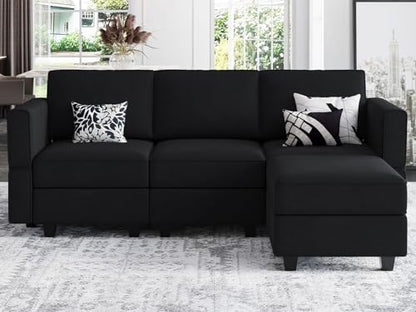 Belffin Modern L Shaped Velvet Sectional Sofa with Chaise, Black, Storage, Adjustable Arm/Backrest - color: Black, size: L Shape Sofa
