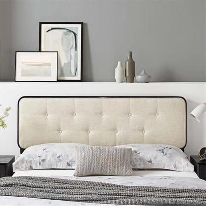 Pemberly Row Modern Full Headboard, 57" W x 48" H, Rubber Wood and MDF, Fabric Upholstered, Beige and Black Finish, Button Tufted, Dense Foam Padding, Mid-Century Style Bedroom Furniture - color: Black and Beige, size: Full