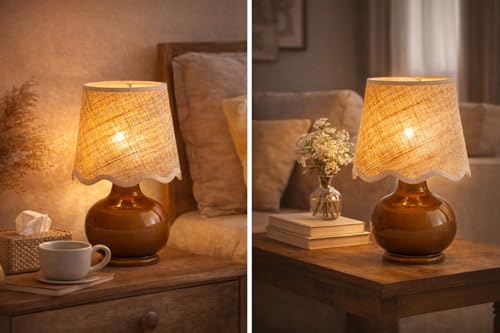 Benton Ceramic Table Lamp with Fabric Shade – 13" Bedside Accent Lamp for Bedroom, Living Room & Nightstand (Brown) - color: Brown