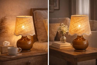 Benton Ceramic Table Lamp with Fabric Shade – 13" Bedside Accent Lamp for Bedroom, Living Room & Nightstand (Brown) - color: Brown