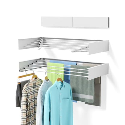 ZMBESUP Wall Mounted Clothes Drying Rack, 31.5" Foldable Collapsible Laundry Rack, Heavy Duty 60 lb Capacity Hidden Space Saver, Includes Wall Template for Laundry Room Indoor Outdoor Balcony (White) - size: 31.5'' Regular