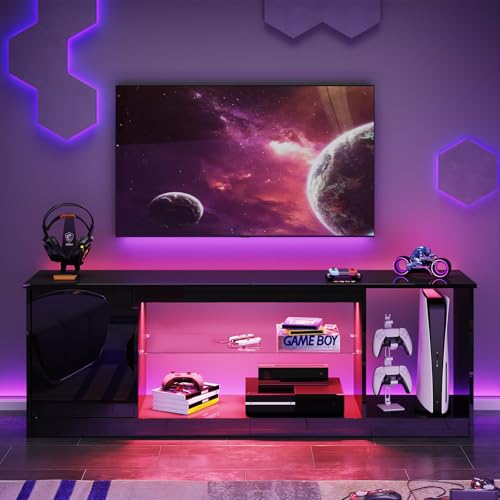 Bestier 57" Gloss Black Media Console - Gaming TV Stand for 65 Inch TV, Entertainment Center for PS5/Xbox Series X, Modern Home Theater Design, Adjustable Glass Shelves - color: Glossy Black