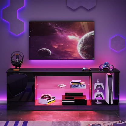 Bestier 57" Gloss Black Media Console - Gaming TV Stand for 65 Inch TV, Entertainment Center for PS5/Xbox Series X, Modern Home Theater Design, Adjustable Glass Shelves - color: Glossy Black