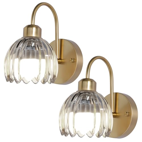 Cordless Wall Sconce Sets of 2, Tulip Glass Shades Rechargeable Battery Operated Wall Sconce, Retro Flower Gold Wall Lights Bathroom Vanity Sconces, Wall Mounted Lamps for Bedroom Living Room - color: Tulip Clear