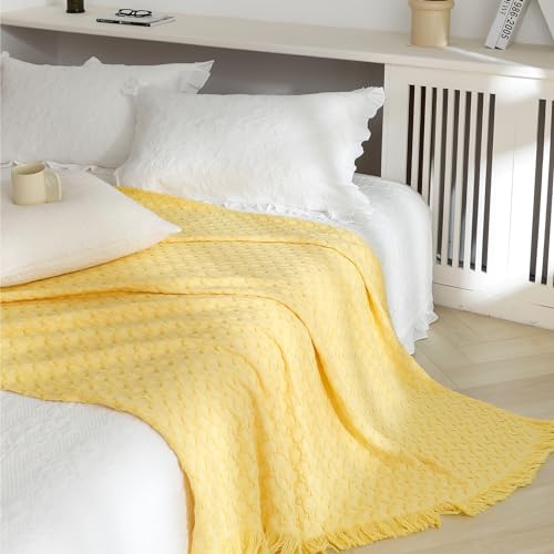 Simple&Opulence 100% Cotton Throw Blanket for Couch, Bed, Waffle Weave Knit Blanket with Tassels, Soft Lightweight Pre-Washed Breathable Comfy Blanket Farmhouse Decor for All-Season(Light Yellow) - color: B-light Yellow