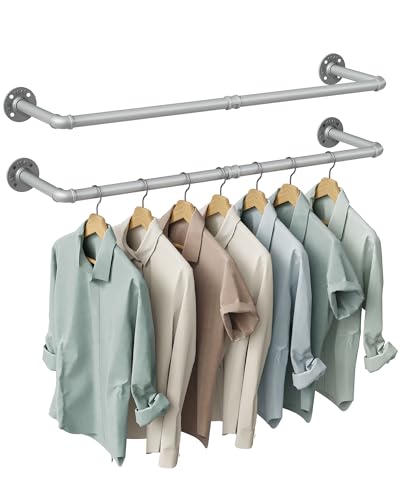 OROPY 38.4" Industrial Pipe Clothes Rack Wall Mounted, Heavy Duty, 2 Pack | Heavy Duty Iron Pipe Clothing Garment Rail, Multi-Purpose Clothing Hanging Rod for Laundry Room and Closet Storage, Gray - color: Silver Gray(38.4")