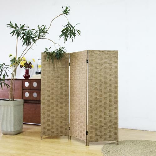 3 Panel Double Sided Short Room Divider for Room Separation, Light Brown Rattan Folding Privacy Screen, Freestanding Partition Screen for Home Office - 3.95 ft Tall - color: Light Brown, size: 3 Panel