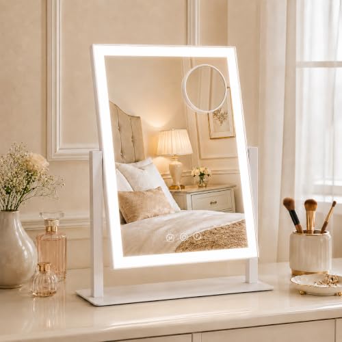 ROLOVE 16"x13" Vanity Mirror with Lights, Three Colors Lighting Mode, 360°Rotation, Lighted Makeup Mirror wih Stand for Desk, Bedroom, Dorm, Gifts for Women - color: White, size: 16"L x 13"W