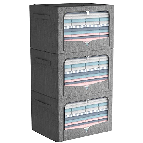 FHSQX 3 Pack Clothes Storage Bins with Metal Frame | Dark Gray, 19.7x15.7x13inch (66L) Foldable , Stackable, Linen Fabric, Carrying Handles, Clear Window - color: Dark Gray, size: 19.7x15.7x13inch(66L)