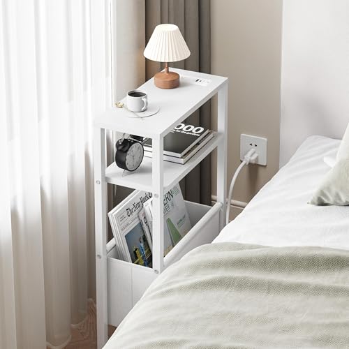 Narrow Side Table with Charging Station Slim End Table Sofa with Magazine Rack, Bedside Table for Small Spaces, 3 Tier Nightstand for Living Room Couch, Bedroom White LET503WE - color: White, style: With Charging Station