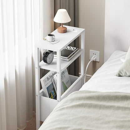 Narrow Side Table with Charging Station Slim End Table Sofa with Magazine Rack, Bedside Table for Small Spaces, 3 Tier Nightstand for Living Room Couch, Bedroom White LET503WE - color: White, style: With Charging Station
