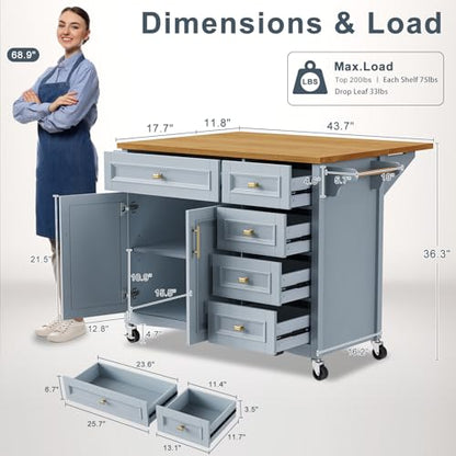 52" Kitchen Island with Storage, Wheels & Drop Leaf, Adjustable Shelf | Oak Top, White Retro Kitchen Cart on Casters, 2 Cabinets, 5 Drawers, Spice Rack, Towel Bar, Durable, Easy Assembly - color: Dusty Blue