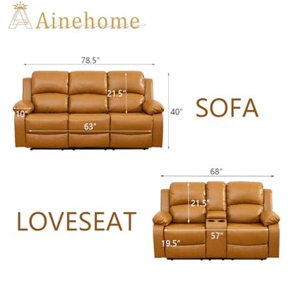 A Ainehome Recliner Sofa Set Living Room Manual Reclining Sofa Bonded Leather Loveseat Chair Sectional Couch for Living Room/Home (A-Ginger Leather, Sofa+Loveseat) - color: A-ginger Leather, size: Sofa+Loveseat