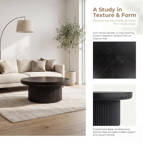 33.5" Round Coffee Table with Real Wood Parquet Top,Black | Mid-Century Modern Tea Table Center Table, Thickened Tabletop, Sturdy Base for living Room, Easy Assembly - color: E-33.5" Black