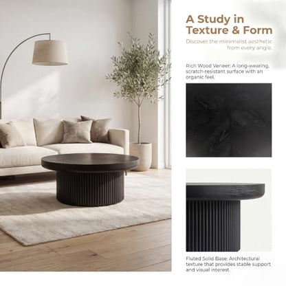 33.5" Round Coffee Table with Real Wood Parquet Top,Black | Mid-Century Modern Tea Table Center Table, Thickened Tabletop, Sturdy Base for living Room, Easy Assembly - color: E-33.5" Black
