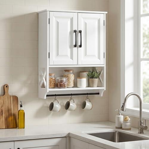Bathroom Wall Cabinet, 25"x19" Farmhouse Wall Mounted Medicine Cabinet with 2 Raised Panel Doors, Adjustable Shelf & Towel Bar–Over Toilet Storage Organizer for Laundry Room, Entryway or Small Spaces - size: 7.09"D x 25"W x 19.29"H