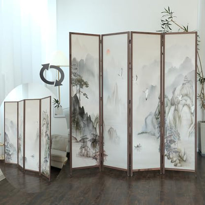 4 Panel Room Divider, 5.6 ft Tall Double-Sided Blackout Folding Privacy Screen – Freestanding Wall Partition with Mountains and Waters Landscape for Home Office, Easy Setup (67" H x 63" W) - color: Mountains and Waters, size: 4 Panel