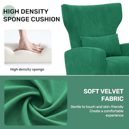 Nebuaegis Velvet Accent Chair Wingback for Living Room, High Back Arm Chair with Golden Legs Lumbar Pillow, Upholstered Single Sofa Bedroom Green - color: Green, size: Set of 1