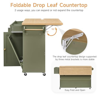 60" Kitchen Island with Power Outlet & Drop Leaf, Rolling Island with Spice Rack & Towel Rack, Kitchen Island Cart with Trash Storage Cabinet, Island Table for Kitchen, Green - color: Green