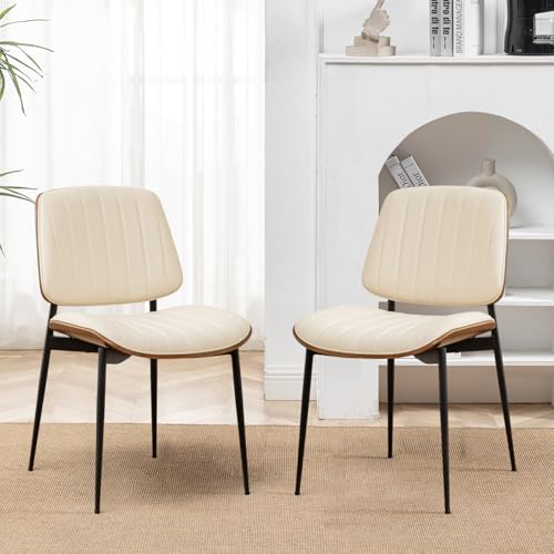 LUNLING Dining Room Chairs Set of 2 Mid Century Modern Retro Beige Faux Leather Chair with Walnut Bentwood Upholstered Seat Metal Legs Kitchen Chairs Adjustable Foot for Kitchen Dining Room - color: Beige, size: Set of 2
