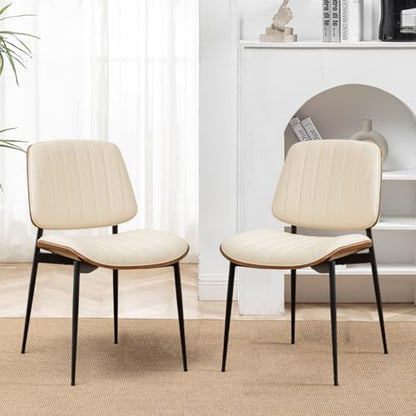 LUNLING Dining Room Chairs Set of 2 Mid Century Modern Retro Beige Faux Leather Chair with Walnut Bentwood Upholstered Seat Metal Legs Kitchen Chairs Adjustable Foot for Kitchen Dining Room - color: Beige, size: Set of 2