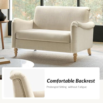 HULALA HOME 50.5" Small Loveseat Sofa, 2 Seater Farmhouse Sofa, Linen | Comfy Upholstered Couch, with Solid Wood Spindle Legs and Rolled Wide Armrests, Loveseat Couch for Living Room Bedroom - color: Linen, size: 2-Seater Loveseat