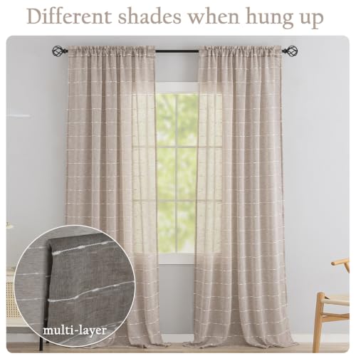 Taupe Sheer Curtains 84 Inches for Living Room Faux Linen 2 Panels | Farmhouse Semi Sheer Light Filtering Rod Pocket Drapes for Home Decor, Striped Pattern, Window Treatment, 52 x 84 - color: Taupe, size: 52"W x 84"L (Pack of 2)