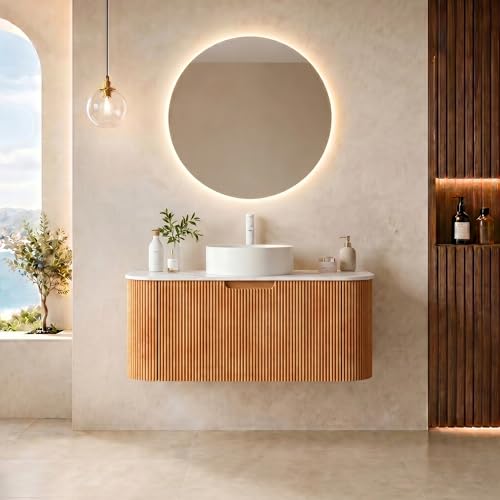 36” Floating Bathroom Vanity with Sink, Fluted Wall-Mounted Solid Wood Cabinet, White Ceramic Round Basin, Faux Marble Top, Soft-Close Drawer, Pre-Assembled, Natural Woodgrain - color: 02 - Natural Woodgrain, size: 36"