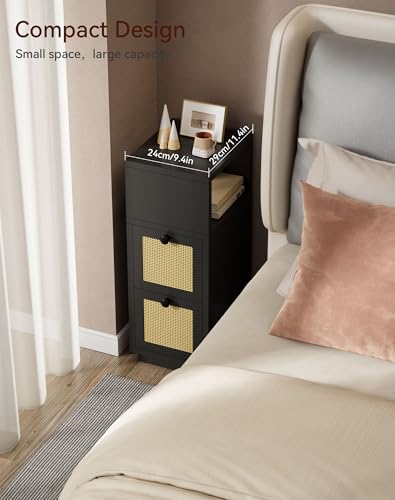 YMYNY Rattan Nightstands Set of 2, Boho Bedside Table with Open Shelf, 2 Drawers, 9.45" x 11.42" x 25.59", Narrow Side Table, Bedside Cabinet for Bedroom and Small Spaces, Black UHST017B-2 - color: Black