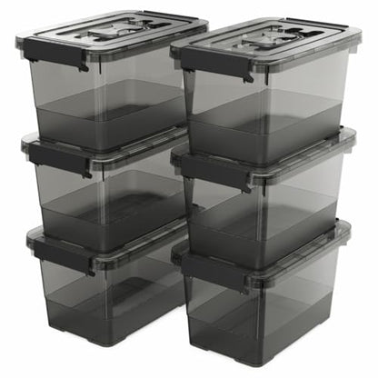 6 Pack Clear Black Plastic Storage Bins with Lids and Handles, Stackable Organizer Small Latch Boxes, Storage Containers for Organizing (4 Quart)