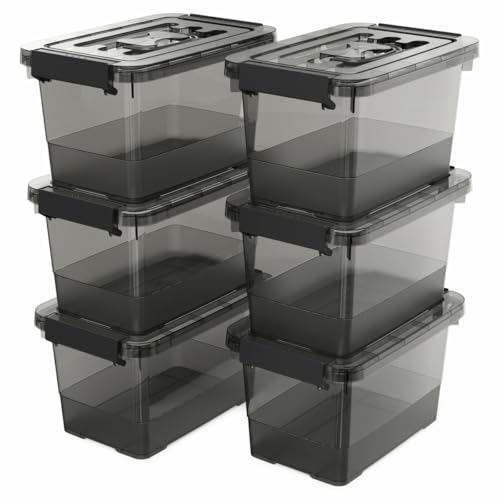 6 Pack Clear Black Plastic Storage Bins with Lids and Handles, Stackable Organizer Small Latch Boxes, Storage Containers for Organizing (4 Quart)