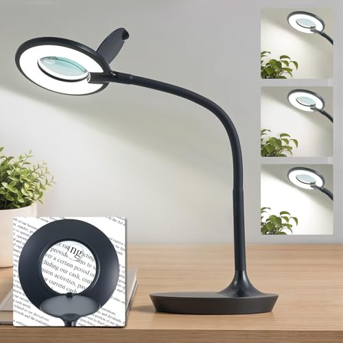 3X+6X Magnifying Glass with Light and Stand, Dimmable LED Magnifying Lamp | Flexible Gooseneck, Hands Free Magnifier, Magnification Lamp for Elderly Craft Hobby Painting Sewing Close Work,Weighted Base - color: Black