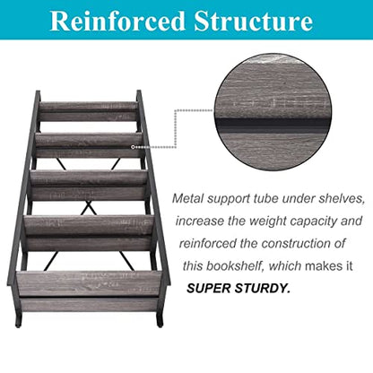 5-Tier Ladder Shelf, Industrial Leaning Bookcase, Wood and Metal Ladder Bookshelf for Living Room, Bedroom, Kitchen, Home Office (Grey Oak) - color: Grey Oak, size: 5-Tier