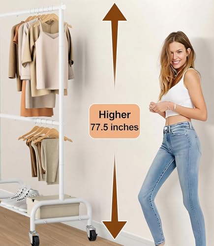 MISSLO Heavy Duty Clothing Racks for Hanging Clothes Rack Double Rod Garment Rack Rolling Closet Wardrobe Rack on Wheels, Metal, Adjustable, White - color: White