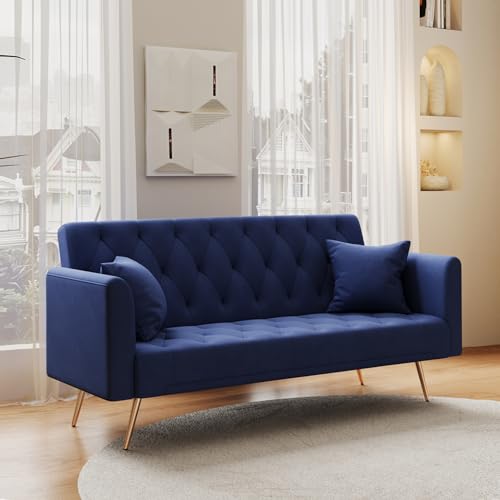 Anwick 72''Modern Velvet Sofa Bed Futon,Convertible Folding Sleeper Couches with 3 Adjustable Backrests,Tufted Recliner Loveseat with Golden Chrome Legs for Living Room Apartment Office (Blue) - color: Blue