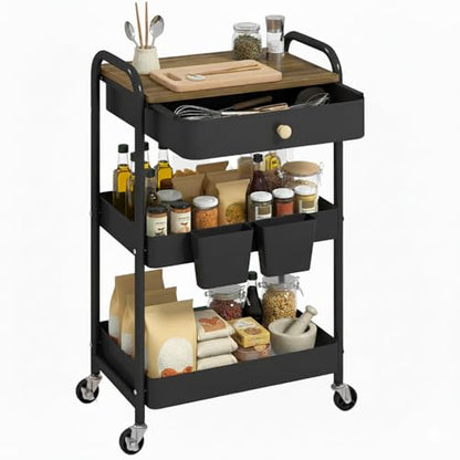 Rolling Cart with Drawers, Black Storage Cartwith Locked Wheels, Hooks & Hanging Cups for Any Room - color: Black
