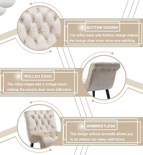 Comfy Velvet Accent Chair Set of 2, Tufted Armless Chair with Rolled Edge | Modern Small Lounger for Living Room, Upholstered Reading Chaise Lounge with Solid Rubber Wood Legs, Beige - color: Beige, size: Set of 2