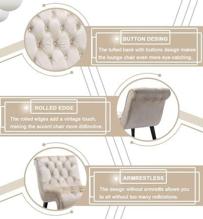 Comfy Velvet Accent Chair Set of 2, Tufted Armless Chair with Rolled Edge | Modern Small Lounger for Living Room, Upholstered Reading Chaise Lounge with Solid Rubber Wood Legs, Beige - color: Beige, size: Set of 2