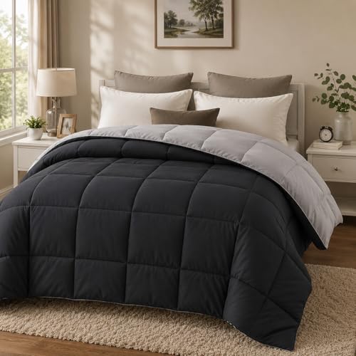 EVOLIVE Microfiber ReversibleComforter Full/Queen (Black/Grey) | Soft brushed microfiber with down-alternative fill offers medium-weight warmth, box stitching, and easy machine care. - color: Black/Grey, size: Full/Queen