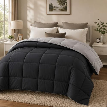EVOLIVE Microfiber ReversibleComforter Full/Queen (Black/Grey) | Soft brushed microfiber with down-alternative fill offers medium-weight warmth, box stitching, and easy machine care. - color: Black/Grey, size: Full/Queen
