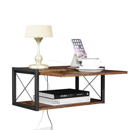 2-Tier Floating Nightstand, Wall Mounted Bedside Table, Wood Bedside Shelf Wall Mounted Nightstand, Floating Bedside Table Wall Shelf for Bedroom, Living Room, Kitchen, Office, Rustic Brown