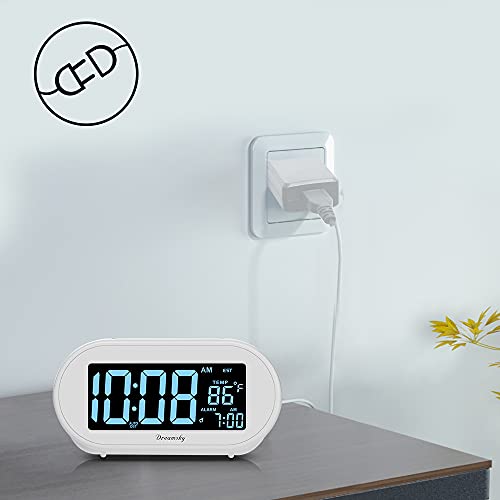 DreamSky Alarm Clocks for Bedrooms, Auto Set Digital Clock with Date & Temp | Electric Desk Clock with Dimmable Brightness Dimmer for Bedside Nightstand, Auto DST, USB Port, Temperature, Snooze - color: White