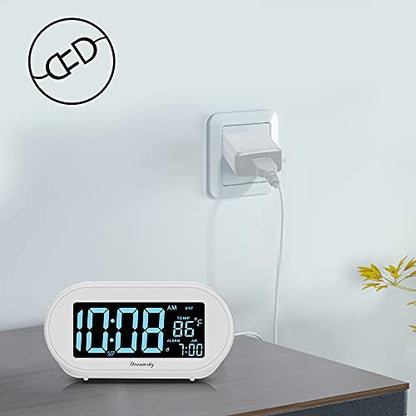 DreamSky Alarm Clocks for Bedrooms, Auto Set Digital Clock with Date & Temp | Electric Desk Clock with Dimmable Brightness Dimmer for Bedside Nightstand, Auto DST, USB Port, Temperature, Snooze - color: White